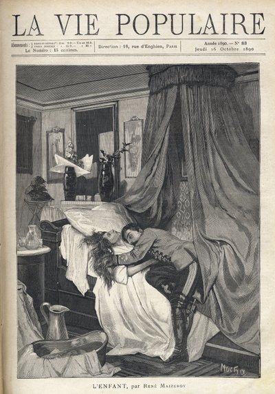 Zdesperowany żołnierz przytulił leżące w łóżku zwłoki kobiety. Ilustracja Alfonsa Marii Muchy (Alphonse Marie Mucha autorstwa Alphonse Mucha