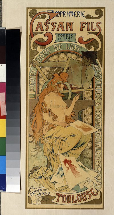 Plakat reklamowy dla drukarni "Cassan Fils, druk luksusowy, artystyczny i komercyjny" w Tuluzie. Plakat Alfonsa Marii Muchy (Alphonse Marie Mucha autorstwa Alphonse Marie Mucha