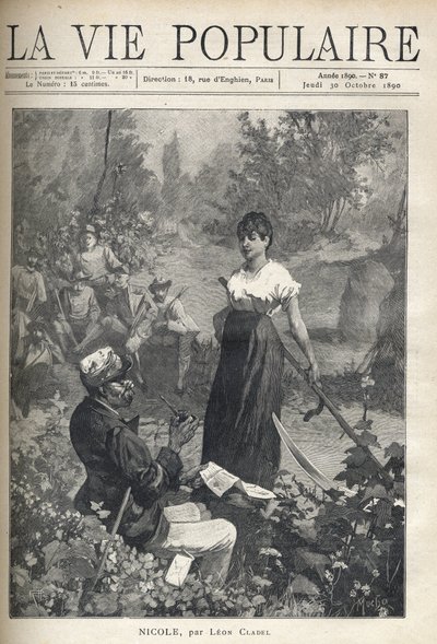 Stary człowiek czyta list do pięknego młodego chłopa trzymającego podróbkę (żniwiarz). Łowcy obserwują scenę w oddali. Ilustracja Alfonsa Marii Muchy (Alphonse Marie Mucha autorstwa Alphonse Mucha