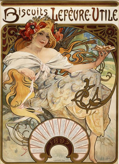 Herbatniki Lefevre-Utile”, zaprojektowany jako kalendarz na lata 1897, 1896 autorstwa Alphonse Mucha