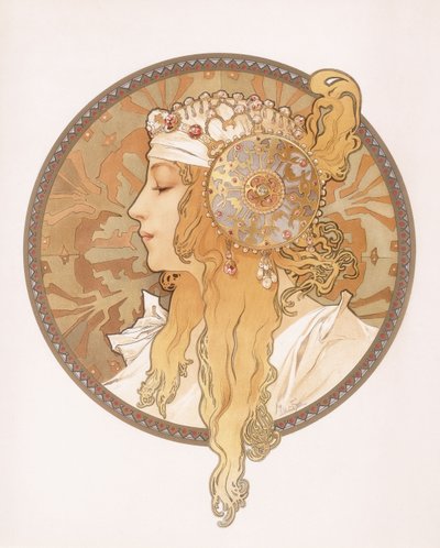 bizantyjska głowa blond dziewczyny; Bizantyjska głowa blondynki, ok. 1897 r. autorstwa Alphonse Mucha