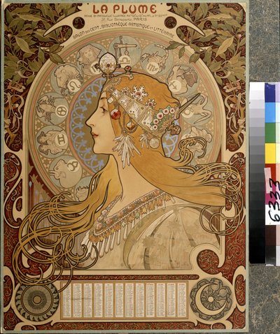 Kalendarz "La Plume", ilustrowany dwumiesięcznik Salon des Cent. Biblioteka artystyczna i literacka. Grafika autorstwa Alfonsa Marii Muchy (Alphonse Marie Mucha autorstwa Alphonse Marie Mucha