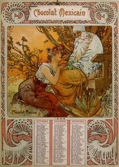 Kalendarz Chocolate Masson ilustrowany przez Muchę (1860 – 1939). czeski malarz secesyjny autorstwa Alphonse Mucha