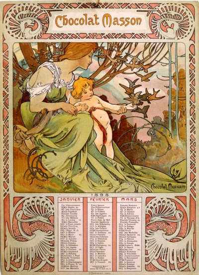 Kalendarz Chocolate Masson ilustrowany przez Muchę (1860 – 1939). czeski malarz secesyjny autorstwa Alphonse Mucha