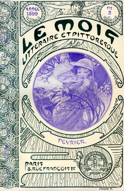 Okładka magazynu (miesięcznika) Le Month litteraire et malownicze autorstwa Alphonse Mucha (1860-1939): miesiąc luty 1899 - Maison de la Bonne Presse - autorstwa Alphonse Mucha