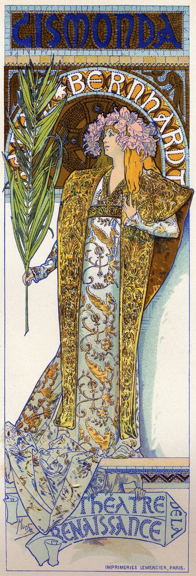 Rozrywka. Gismonda, sztuka Victoriena Sardou z Sarah Bernhardt w Theatre de la Renaissance w Paryżu. Plakat autorstwa Muchy, Francja autorstwa Alphonse Marie Mucha