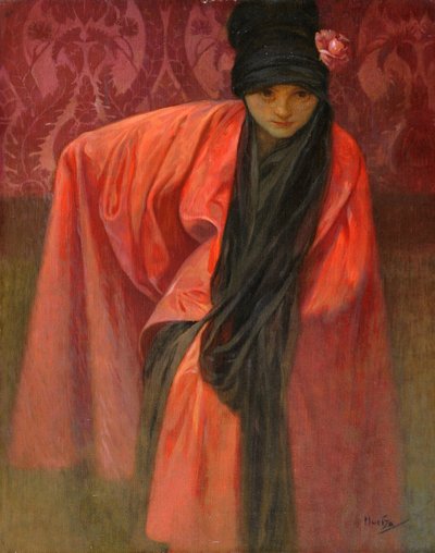 Dziewczyna w czerwieni par Mucha, Alfons Marie (1860-1939), ok. 1930 1914 - Tempera na płótnie, 60,5x47 - Kolekcja prywatna autorstwa Alphonse Mucha