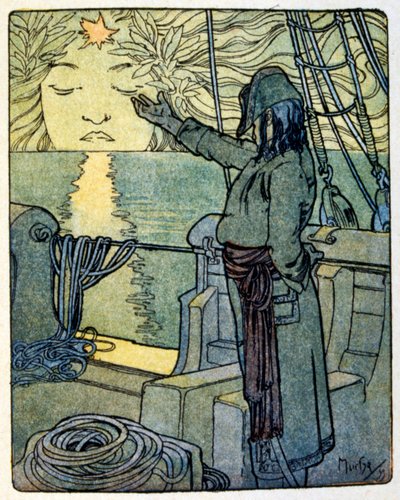 Ilustracja Alfonsa Muchy do książki „Clio” (1900). autora francuskiego. Anatole Francja. Anatole Francja (1844 – 1924). był francuskim poetą. dziennikarz. i powieściopisarz. autorstwa Alphonse Mucha