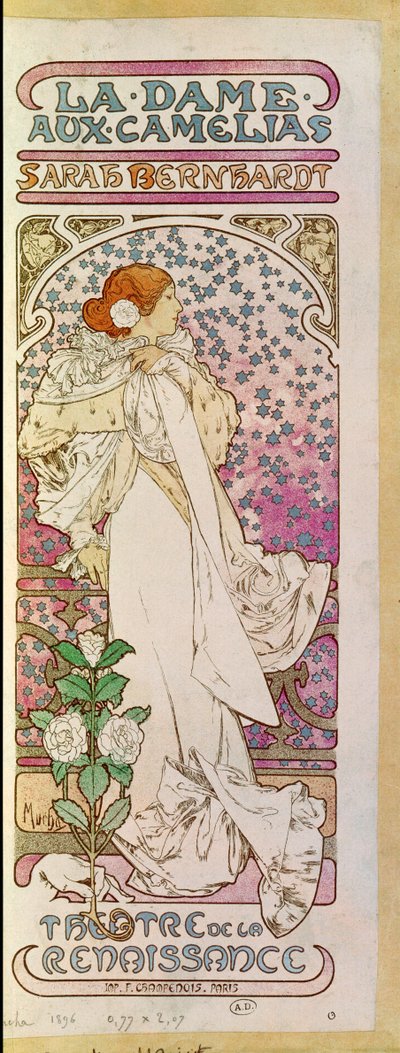 La Dame aux Camelias z aktorką Sarah Bernhardt, Theatre de la Renaissance, Paryż 1894 (plakat) autorstwa Alphonse Marie Mucha