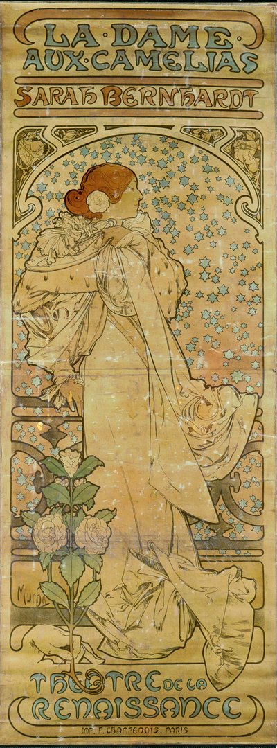 La Dame aux Camelias z aktorką Sarah Bernhardt, Theatre de la Renaissance, Paryż 1894 (plakat) autorstwa Alphonse Marie Mucha