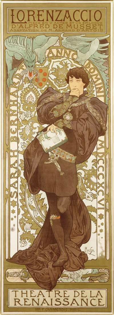 Lorenzaccio, przedstawiający stojącą postać Sarah Bernhardt w roli, 1896 autorstwa Alphonse Mucha