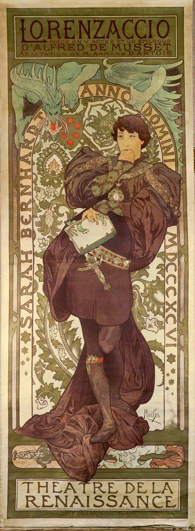Lorenzaccio z aktorką Sarah Bernhardt, sztuka Alfreda de Musseta (plakat) autorstwa Alphonse Marie Mucha
