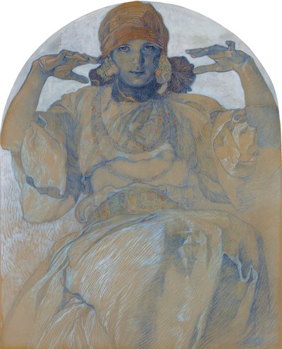 ""Portret córki artysty Jaroslava Muchova (1909-1986)"" (Portret córki artysty, Jaroslava) Obraz Alphonsa Muchy (1860-1939) - ok. 1924 Wymiary 51x41 cm Kolekcja prywatna autorstwa Alphonse Mucha