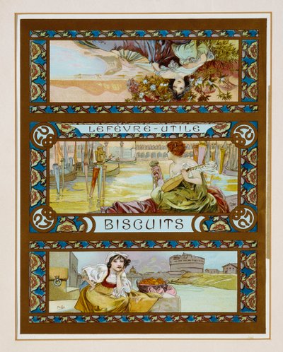 Plakat reklamujący herbatniki "Lefevre-Utile", ok. 1910 r. autorstwa Alphonse Mucha