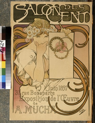 Plakat reklamujący wystawę A. Muchy w Salon des Cent, 31 rue Bonaparte a Paris, czerwiec 1897 (kolor lito) autorstwa Alphonse Mucha