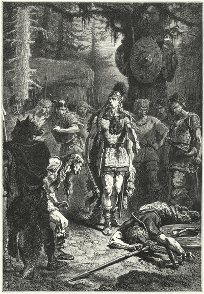 Clovis I zabijający jednego ze swoich żołnierzy w ramach kary za rozbicie wazy w Soissons, 486 r. (rycina) autorstwa Alphonse Marie de (after) Neuville