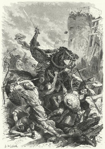 Hrabia Odo broniący Paryża przed Normanami, 886 (rycina) autorstwa Alphonse Marie de (after) Neuville