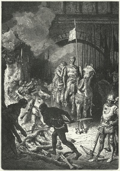 El Cid w towarzystwie swojej żony Dony Jimeny nadzoruje budowę stosu pogrzebowego Ahmeda, mauretańskiego króla Walencji autorstwa Alphonse Marie de (after) Neuville