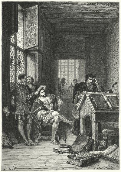 Franciszek I z Francji z drukarzem i uczonym Robertem Estienne autorstwa Alphonse Marie de (after) Neuville