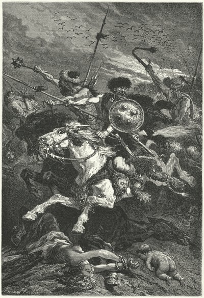 Hunowie szarżujący w bitwie pod Chalons, 451 (grawerowanie) autorstwa Alphonse Marie de (after) Neuville
