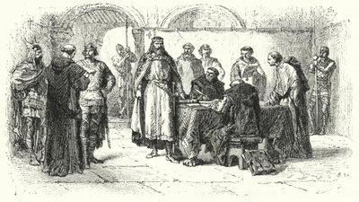 Proklamacja katolicyzmu jako religii królestwa gotyckiego w Hiszpanii na III Soborze Toledo, 589 (rycina) autorstwa Alphonse Marie de (after) Neuville