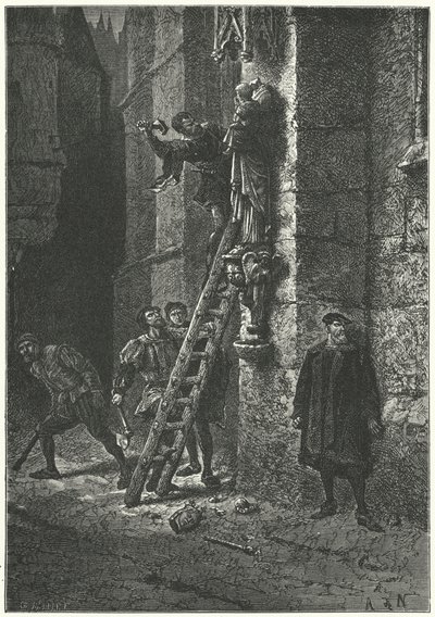 Protestanci niszczą posąg Matki Boskiej z Dzieciątkiem na Notre Dame w Paryżu autorstwa Alphonse Marie de (after) Neuville