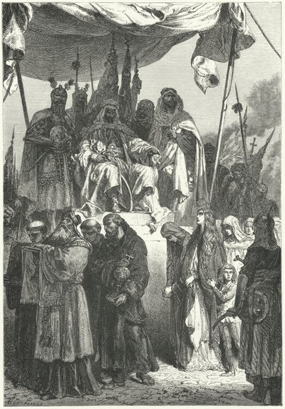 Saladyn ogląda pojmanych chrześcijan przechodzących obok niego po zdobyciu Jerozolimy autorstwa Alphonse Marie de (after) Neuville