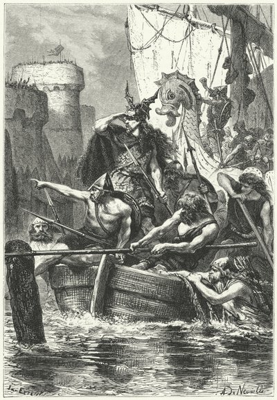 Flota normańska atakująca Paryż, 885 (rycina) autorstwa Alphonse Marie de (after) Neuville