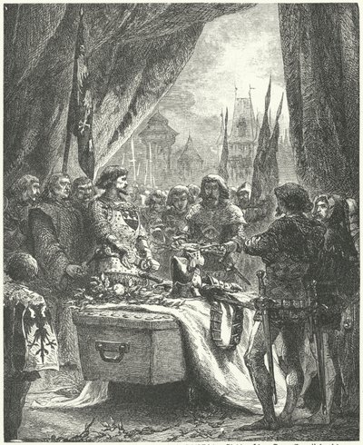 Komendant Chateauneuf de Randon składa klucze do miasta na trumnie Bertranda du Guesclin autorstwa Alphonse Marie de (after) Neuville