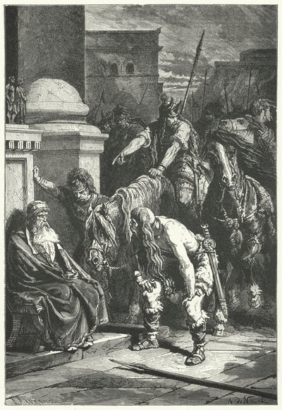 Śmierć konsula rzymskiego Marka Papiriusa w galijskim worku Rzymu, 387 pne (rycina) autorstwa Alphonse Marie de (after) Neuville
