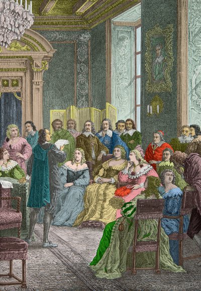 Corneille czytający Polyeucte w Hotel de Rambouillet w 1642 r. (rycina) autorstwa Alphonse Marie de Neuville
