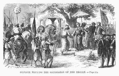 Dupleix spotykający Soudhabara z Dekanu, ilustracja z "Popularnej historii Francji" M. Guizot, ok. 1885 r. autorstwa Alphonse Marie de Neuville