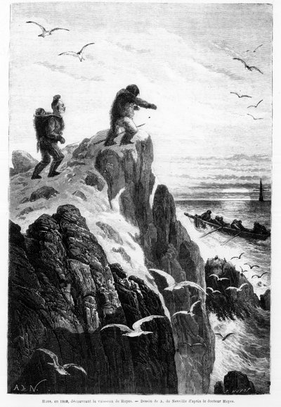 Hans w 1860, odkrywa statek Hayesa - rysunek z Neuville autorstwa dr Hayesa w „Wolne morze bieguna, podróż odkrywcza na morzach arktycznych autorstwa Alphonse Marie de Neuville