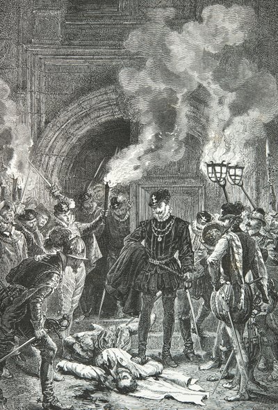 Masakra w Saint Barthelemy, książę de Guise popycha stopą zwłoki Gasparda de Coligny (rycina) autorstwa Alphonse Marie de Neuville