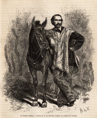 Portret dr Saffraya, z rękami na wierzchowcu, w stroju podróżnym, grawerowany według rysunku A. de Neuville, ilustrujący podróż do Nowej Granady, autorstwa dr Saffraya, w 1869 r., opublikowany w „Le tour du monde”” ” 1873, pod redakcją Edouarda Chartona, H autorstwa Alphonse Marie de Neuville