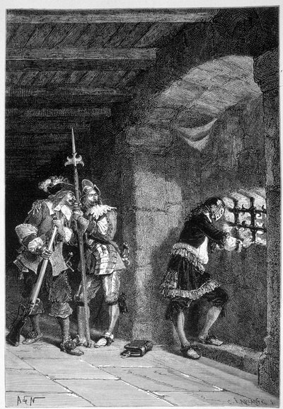 Żelazna maska w jego celi więzienia wyspy świętej Małgorzaty - w „Histoire de France” Guizota, rycina De Neuville autorstwa Alphonse Marie de Neuville