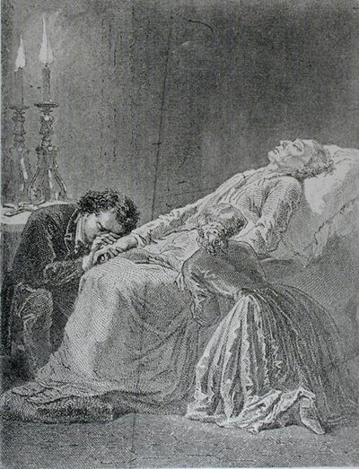 Śmierć Jana Valjeana, ilustracja z Les Miserables autorstwa Victora Hugo (1802-1885) autorstwa Alphonse Marie de after Neuville