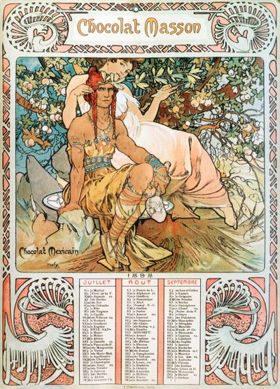 Strona kalendarza dla dorosłych z roku 1898 dekorator ilustracji reklamowej Alphonse Mucha (1860-1939) dla czekoladek Masson - „Średni wiek” Ilustracja reklamowa Alphonse Mucha dla autorstwa Alphonse Mucha
