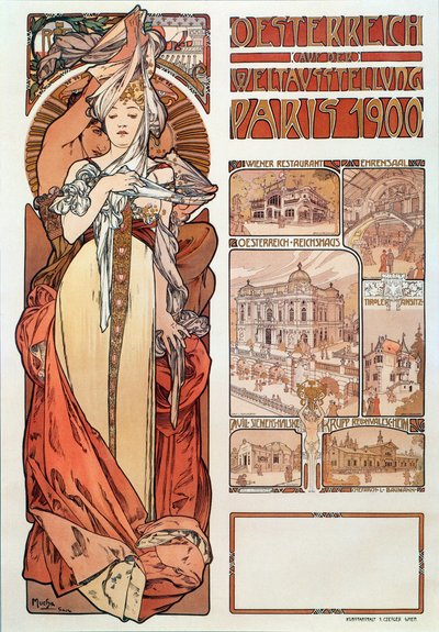 Plakat reklamowy Alphonse Mucha (1860-1939) dla Austrii reprezentowany na Wystawie Światowej w Paryżu 1900 - Dim 68x98,5 cm Plakat reklamowy Alphonse Mucha dla „”Austria”” na Exposit autorstwa Alphonse Mucha