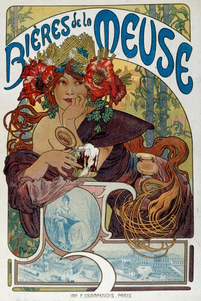 Plakat reklamowy „” Les bieres de la Meuse”” ilustracja Alphonse Mucha (1860-1939) 1898 Paryż, Sztuka dekoracyjna autorstwa Alphonse Mucha