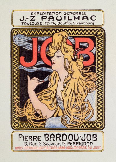 Plakat reklamowy do bibułki papierosowej Job stworzony przez Alphonse Mucha (1860-1939) 1900 - Słońce 12x8 cm Plakat reklamowy do bibułki papierosowej Job wydany przez Alphonse Mucha, 1900 - kolekcja prywatna autorstwa Alphonse Mucha