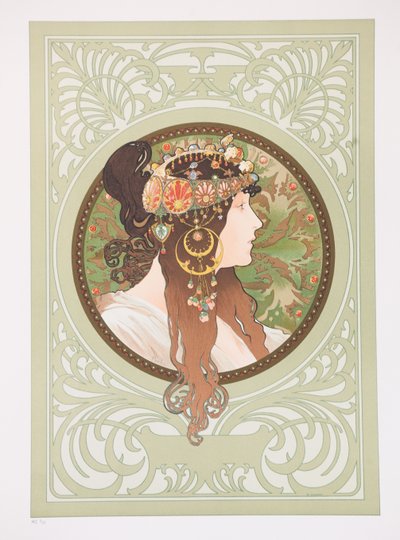 Bizantyjskie głowy: brunetka, 1897. autorstwa Alphonse Mucha