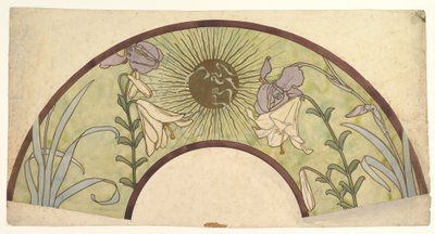 Projekt wachlarza ze słońcem, liliami i irysami, koniec XIX - połowa XX wieku autorstwa Alphonse Mucha