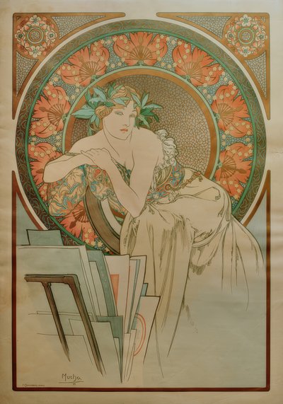 Kobieta z makami i portfolio graficznym autorstwa Alphonse Mucha