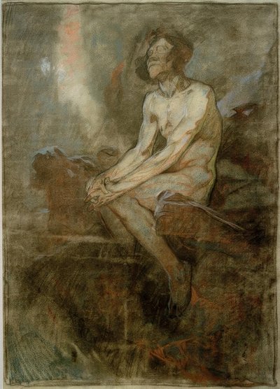 Mężczyzna nago siedzący na skale autorstwa Alphonse Mucha