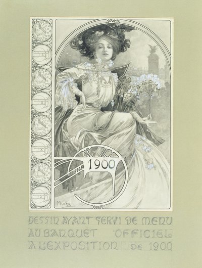 Oficjalny Bankiet Międzynarodowej Wystawy Paryskiej 1900. Projekt menu. autorstwa Alphonse Mucha