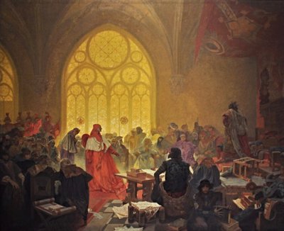 Husycki król Jerzy z Podebrad Cykl Epopeja słowiańska autorstwa Alphonse Mucha