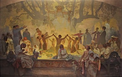 Przysięga Omladiny pod słowiańską lipą Cykl Epopeja słowiańska autorstwa Alphonse Mucha