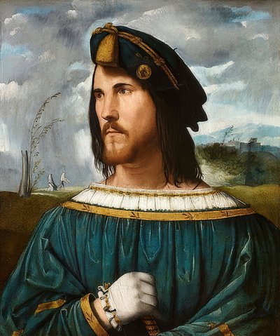 Portret dżentelmena (znanego jako Cesare Borgia). Zaraz wracam. 1500 i 1524 autorstwa Altobello Melone