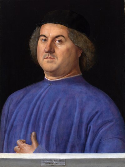 „Portret mężczyzny”” Burżuazję ubraną w niebieską tunikę – Obraz Alvise Vivarini (ok. 1446–ok. 1505) 1497 Londyn Galeria Narodowa autorstwa Alvise Vivarini
